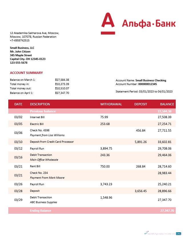 Download Alfa Bank organization checking account statement Word and PDF template Photoshop template